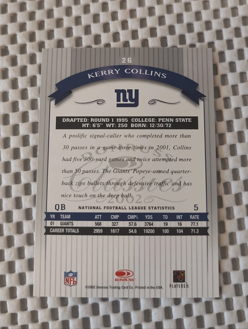 New York Giants Kerry Collins Trading Card As shown Smoke/pet free